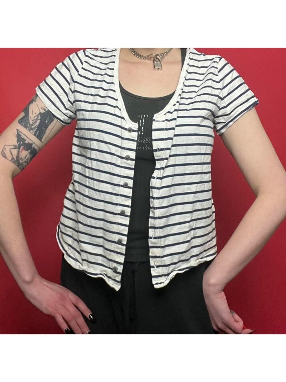 Striped tee shirt style button up cardigan 💙🤍​